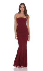 Back Bow Strapless Maxi Dress in Burgundy