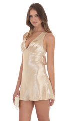 Satin V-Neck Open back Dress in Gold