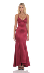Satin Open Back Mermaid Maxi Dress in Maroon
