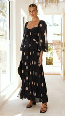 Calandra Long Sleeve Midi Dress - Black/Cream Polka