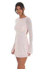 Sequin Long Sleeve Open Back Dress in Pink