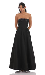 Sequin Draped Strapless Gown in Black