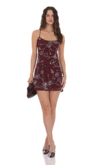 Floral Beaded Sequin Open Back Dress in Burgundy