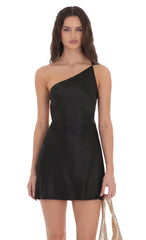 Satin One Shoulder Open Back Dress in Black