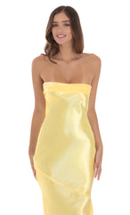 Strapless Satin Open Back Maxi Dress in Yellow