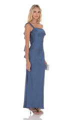 Satin One Shoulder Tassel Maxi Dress in Denim Blue