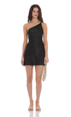 Satin One Shoulder Open Back Dress in Black