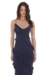 Ruffle V-Neck Maxi Dress in Navy