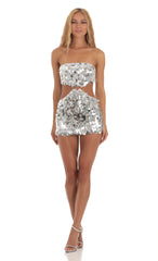 Silver Sequin Cutout Dress in White