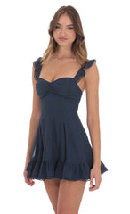 Shimmer Ruffle Fit and Flare Dress in Navy