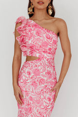 Deanna One-Shoulder Ruffle Midi Dress Floral Pink