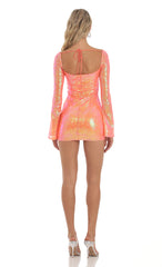 Iridescent Sequin Long Sleeve Dress in Orange