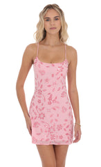 Floral Sequin Open Back Dress in Pink