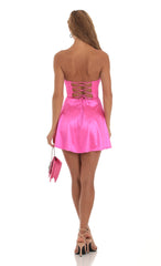 Satin Lace Bust Flare Dress in Pink