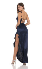 Satin Ruffle Maxi Dress in Navy