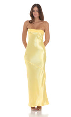 Strapless Satin Open Back Maxi Dress in Yellow
