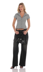 Button-Up Ruffle Top in Black Gingham