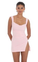 Tulle Back Bow Ruched Bodycon Dress in Pink