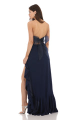 Strapless Back Bow Corset Maxi Dress in Navy