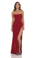Strapless Corset Maxi Dress in Red
