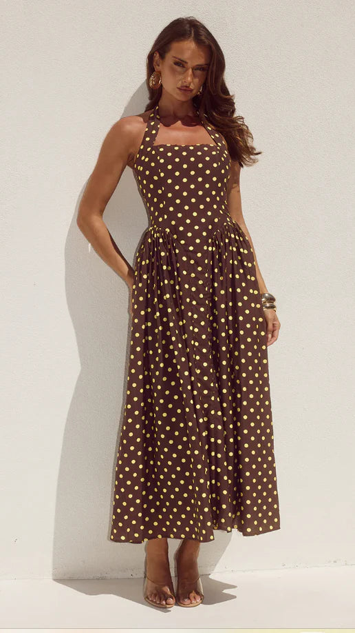Sammi Halter Midi Dress - Choc/Lemon Polka