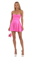 Satin Lace Bust Flare Dress in Pink