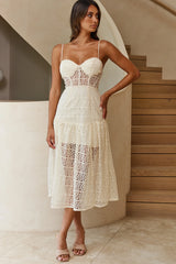 Daytona Lace Overlay Padded Bust Midi Dress Beige