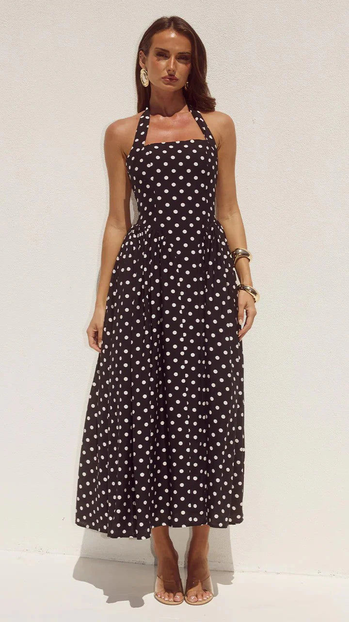 Sammi Halter Midi Dress - Black/White Polka