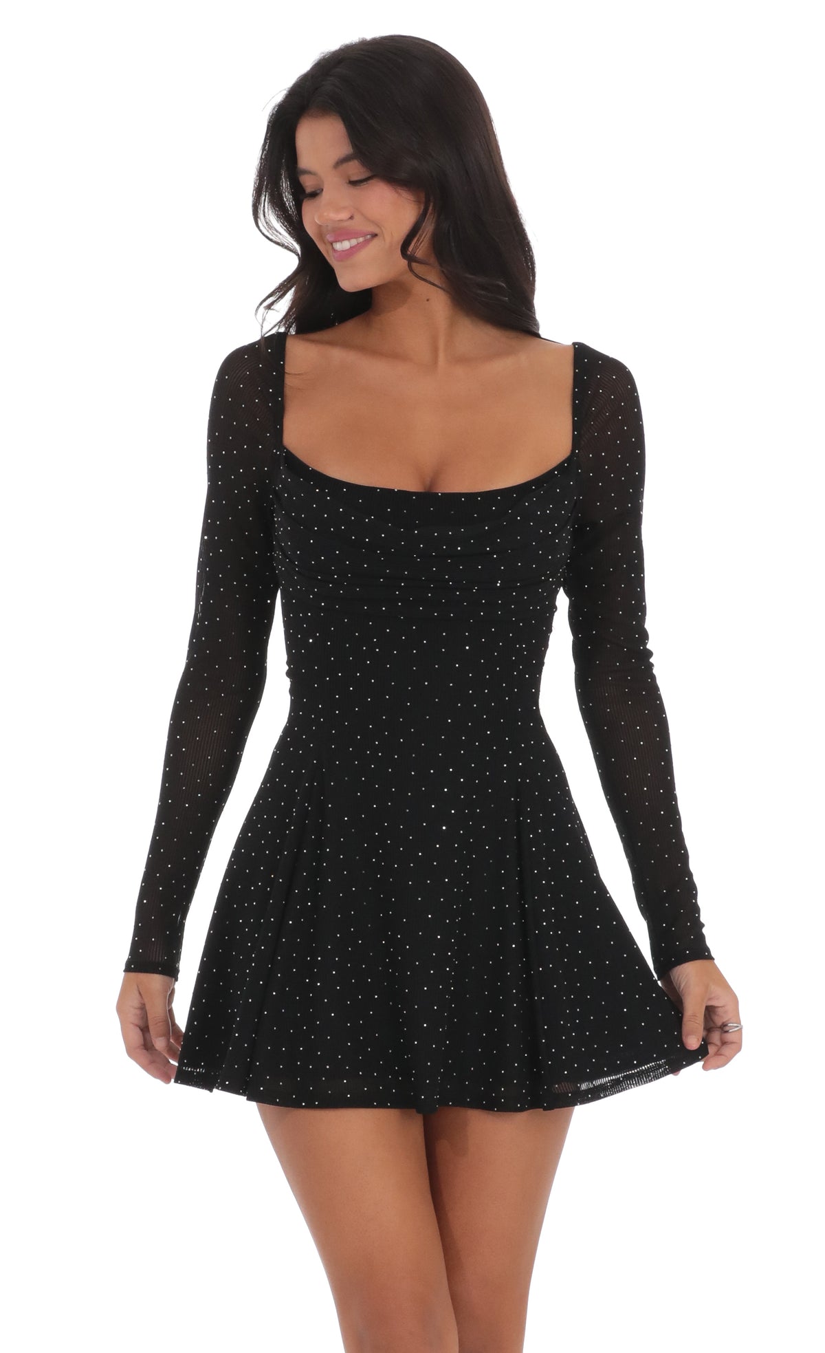 Rhinestone Draped Fit and Flare Dress in Black