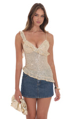 Asymmetrical Sequin Ruffle Top in Gold