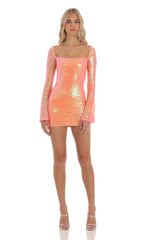 Iridescent Sequin Long Sleeve Dress in Orange