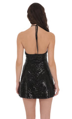 Sequin Florette Halter Dress in Black