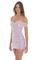 Iridescent Sequin Off Shoulder Dress in Lavender