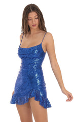 Sequin Cowl Neck Dress in Blue