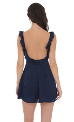 Satin Ruffle V-Neck Dress in Navy