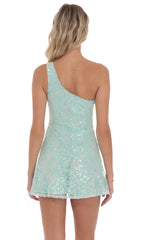 Sequin Floral One Shoulder Dress in Seafoam