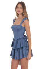 Satin Wide Strap Ruffle Dress in Denim Blue