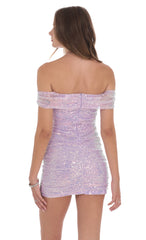 Iridescent Sequin Off Shoulder Dress in Lavender