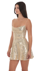 Sequin Cowl Neck Dress in Gold