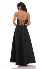 Sequin Draped Strapless Gown in Black