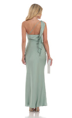 Satin One Shoulder Tassel Maxi Dress in Sage