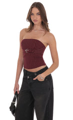 Pinstripe Strapless Buckle Top in Burgundy