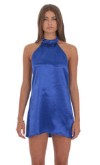Satin Halter Shift Dress in Royal Blue